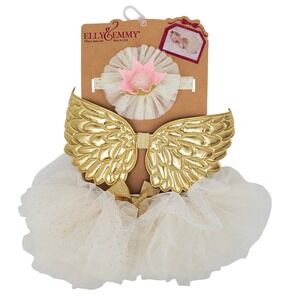 Elly & Emmy Baby 3 Piece Tutu Set Gold Angel‎ Wings Crown Headband White 0-12M